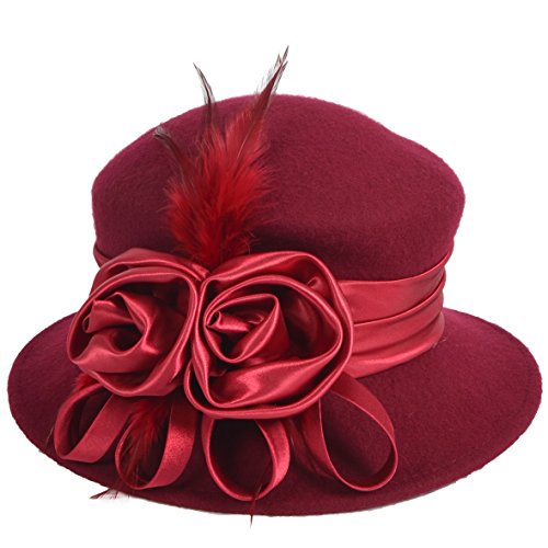 Women's Wool Church Dress Cloche Hat Plumy Felt Bucket Winter Hat (Floral-Claret)
