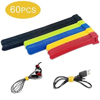 OneLeaf 60 Pcs Reusable Fastening Cable Ties with Hook and Loop, Multi-Purpose Cable Straps Wire Ties Cable Management, Adjustable Fastening Cord Ties for Computer/TV/Electronics, 3 Sizes and 5 Colors