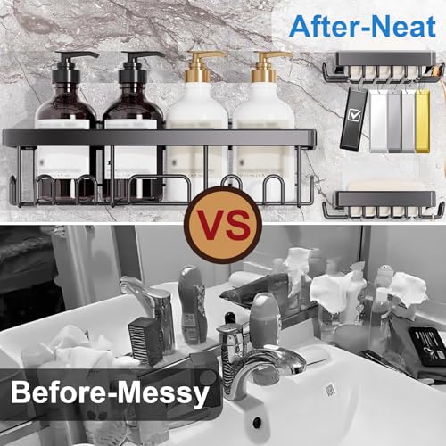 Adhesive Shower Caddy, 6 Pack Shower Organizer Storage, No Drilling Shelf Rack with Soap Holder, Large Capacity Bathroom & Toilet Storage, Wall Mounted Organization for Kitchen & Home Décor,(Black)