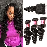 Nadula Brazilian Loose Wave 3 Bundles With Closure 8A 100% Unprocessed Brazilian Remy Virgin Human Hair Bundles Weave Natural Color (16 with 16 18 20)