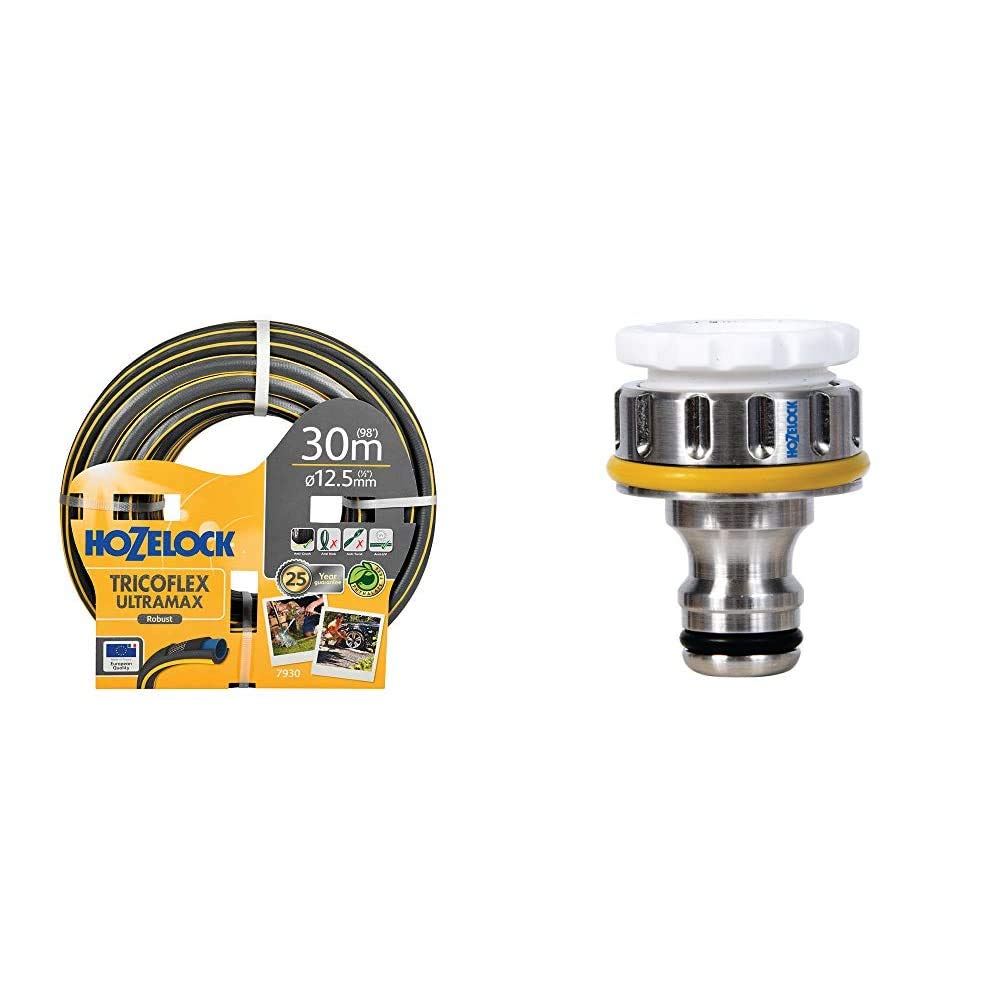 Hozelock Trico Flex Ultra Max Anti-Crush 30 m Hose & Metal Threaded Connector Pro 3/4 inch for Taps