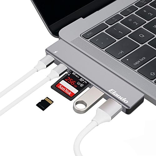 Elando USB C Hub, Aluminum Type-C Hub Adapter Dongle for MacBook Pro 13" and 15" 2016/2017, 40Gbps Thunderbolt 3, USB-C Power Delivery, SD and Micro SD/TF Card Reader, 2 USB 3.0 Ports, Grey