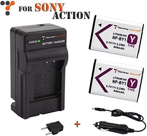 Techno Earth 2 Rechargeable Battery NP-BY1 Car Wall Charger for Sony Action Cam Mini HDR-AZ1