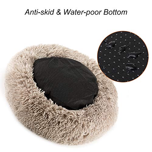 XIGRS Dog Calming Bed, Orthopedic Round Donut Cuddler Ultra Soft Plush Comfortable Cozy Sponge Cushion Bed with Non-Slip Bottom Furry Bed for Small Medium Pets Calm Sleeping (S-23.6INCH, Brown)