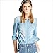 Deargles Lady Long Sleeve Button Down Denim Shirt Jean Lapel Slim Blouse Belle Blue XL