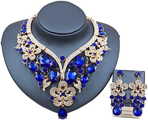 LAN PALACE african jewelry sets 18k gold Glass Rhinestone necklace and earrings for wedding (royal blue)