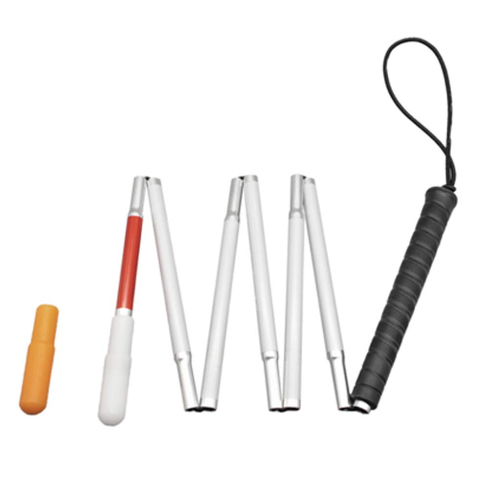 Aluminum White Cane with 2 Tips, Folding Cane for The Blind,Folds Down 7 Sections (155 cm (61 inch), Black Handle)