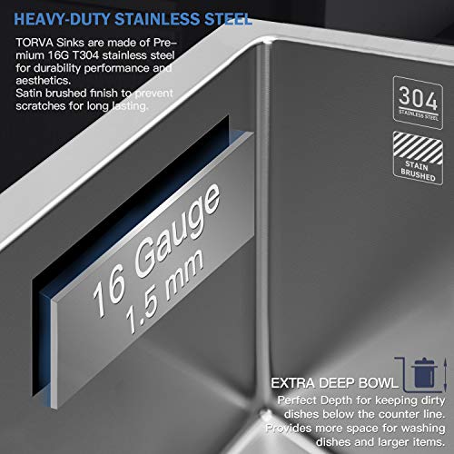 TORVA 30-inch Undermount Kitchen Sink, 16 Gauge Stainless Steel Undermount Deep Single Bowl 30 x 18 x 10 Inch, Suit for 33-inch Cabinet - Thumbnail 3