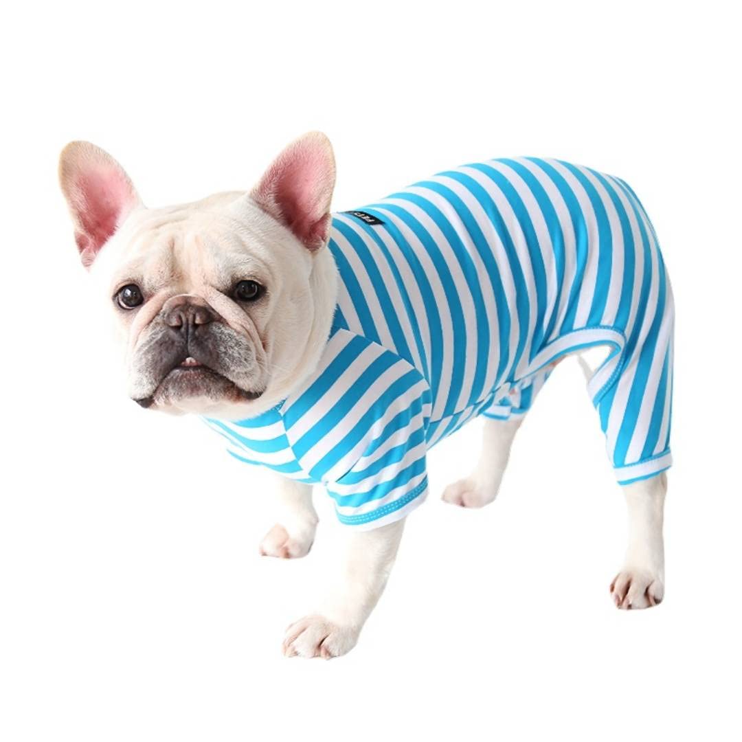 BT Bear Fat Dog Clothes,Dog Classic Striped Pajamas Soft Cotton Jumpsuit Pug French Bulldog Onesies Costume for Cats Puppy Small Medium Dogs(Blue,L)