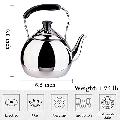 Stainless Steel Tea Kettle Whistle for Stovetop, Mirror Finish Surface, Bakelite Handle Fast Boiling FLH 2 Quart