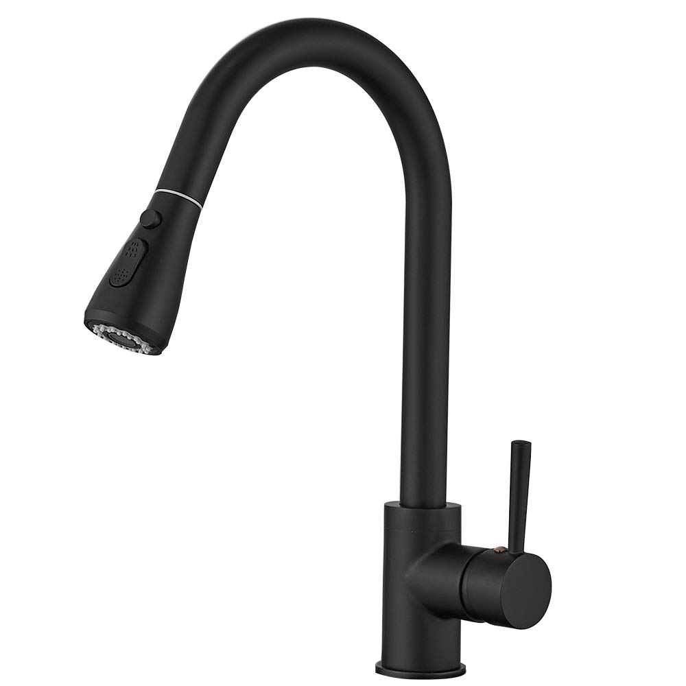 Heable Kitchen Sink Mixer Tap with Pull Down Sprayer Matte Black, Single Handle High Arc Pull Out Taps, Faucet with UK Standard Fittings