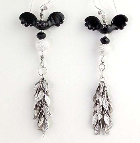 Black and Silver Color Flying Bat Handmade Halloween Chandelier Earrings With Leaf Chain Dangles and Silver Color Ear Wires