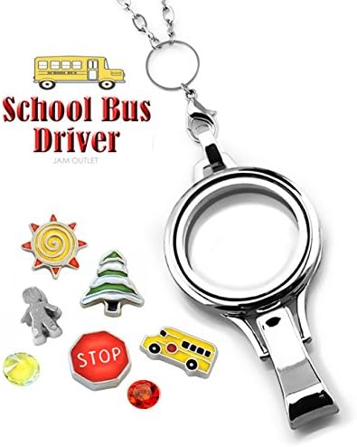 SCHOOL BUS DRIVER Glass Locket Lanyard ID Badge Holder w/ Floating Charms &amp; Rolo Chain