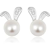 QLYOVWE Easter Rabbit Pearl Earrings for Women Boho Round Pearl Stud Earrings Cute Small Animal Bunny Earrings Minimalist Daily Jewelry Gifts