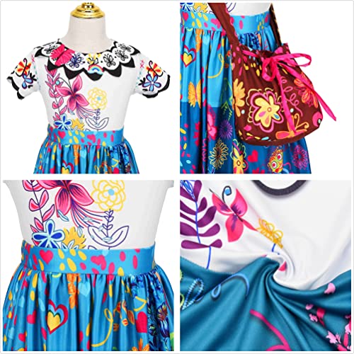 Mirabel Costume Dress Encanto for kid, Isabela Madrigal Dress Up Halloween Princess Cosplay for Child With Glasses Earrings (110cm for 3-4Years, Mirabel)