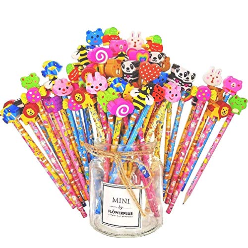 JZK 50 x Wooden Graphite Pencils Set with Cartoon Rubber erasers for Kids Children Party Favours give Away Thank You Gift Party Bag Filler Birthday for Boys Girls - Thumbnail 2