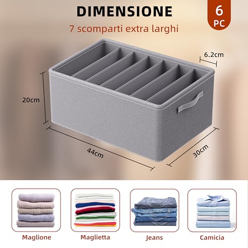 YOYIKKO 6 Pezzi Grandi Organizer per Armadio Vestiti 7 Scomparti, Cestelli Portaoggetti Impilabili, Contenitori per Vestiti Guardaroba per Maglioni, Magliette, Felpe Con Cappuccio (Grigio-178)