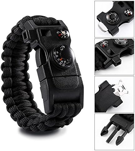 Paracord Bracelets with Thermometer, Mini Multitool Card, Fire Starter, Whistle and Compass, a Perfect Tactical Survival Gear for Camping, Hiking, Fishing and More (Black)