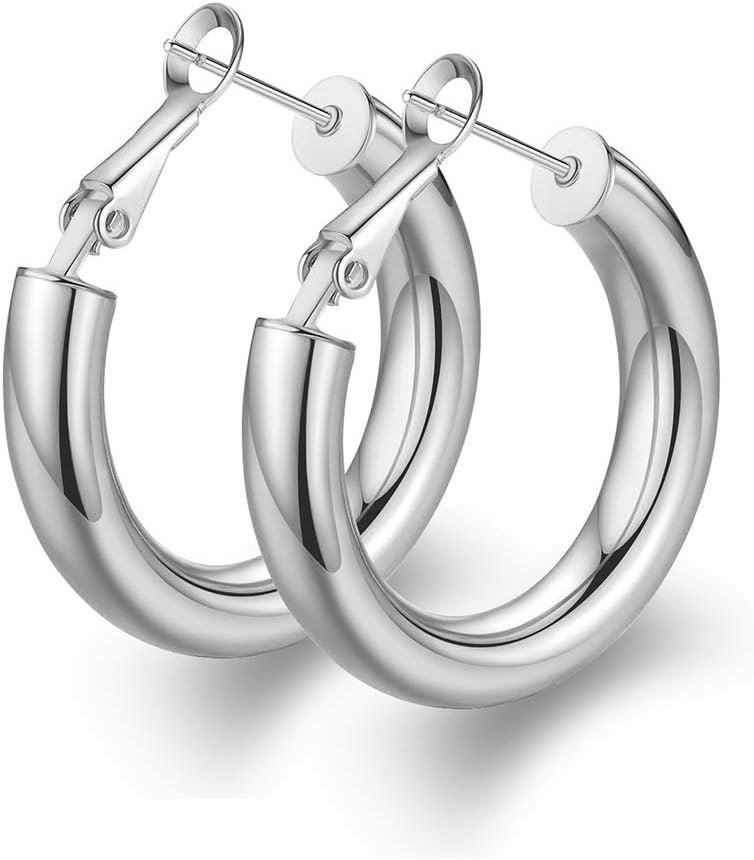 Chunky Thick Good Hoops Earrings for Women Silver Hoops