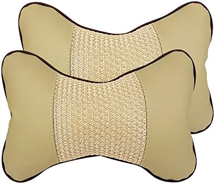 Car Neck Cushion | 2 Pcs Travel Car Pillow Rest Support | Therapeutic Bone-Shaped Design with Strap and Zipper | Premium Portable Breathable Leather and Cotton | Beige | 873.2