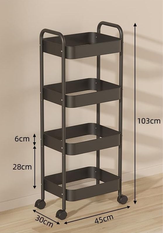 Beauenty 4 Tier Trolley Organizer,Metal Rolling Storage Cart,Mobile Utility Storage Rack,With Handle And Lockable Casters Multifunctional Organizer For Kitchen,Bathroom,Laundry Room Living Area(Black)