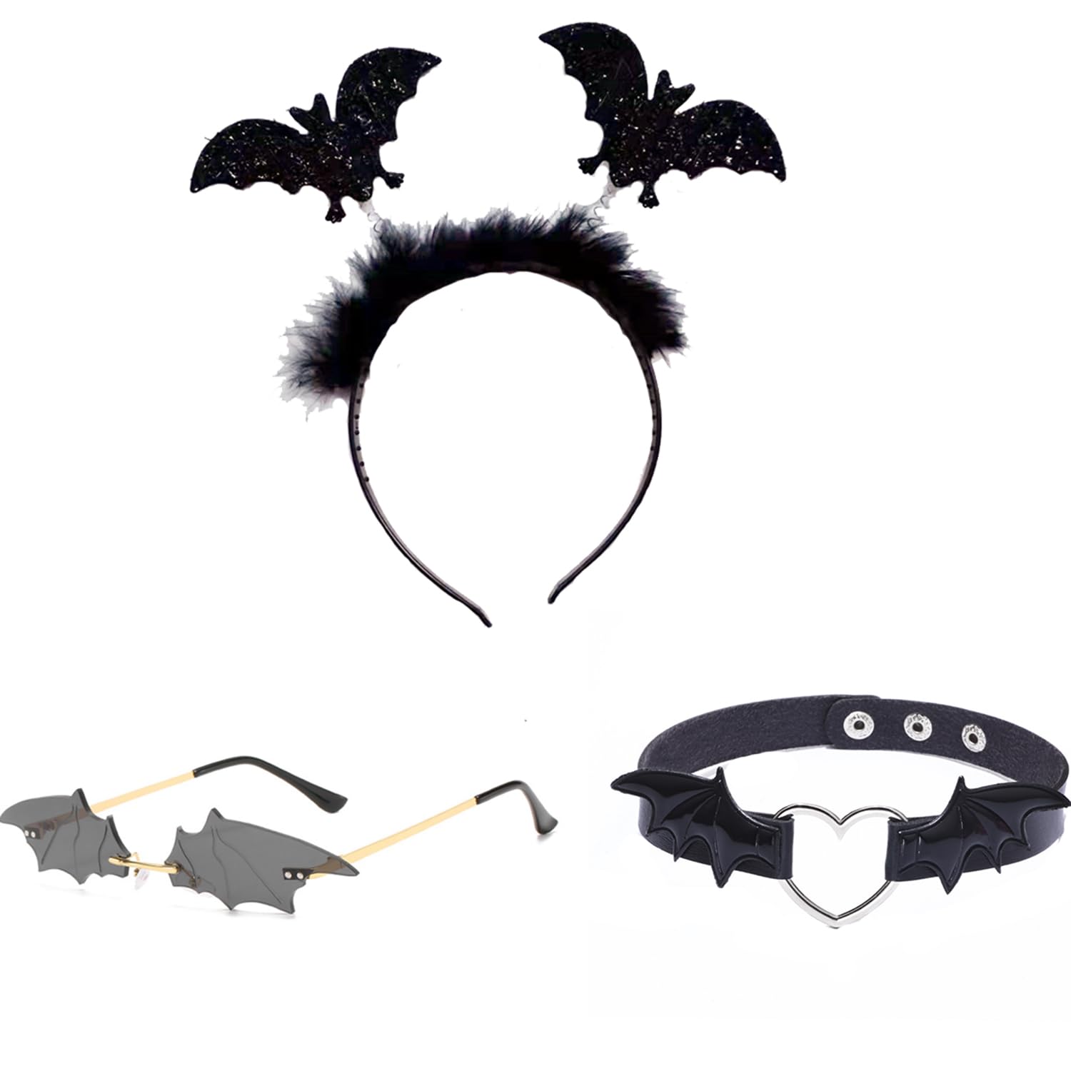 JNAWA 3 Pieces Halloween Bat Set Bat Sunglasses Bat Ears Headband and Bat Necklace Masquerade Bat Accessories for Halloween Party Decoration