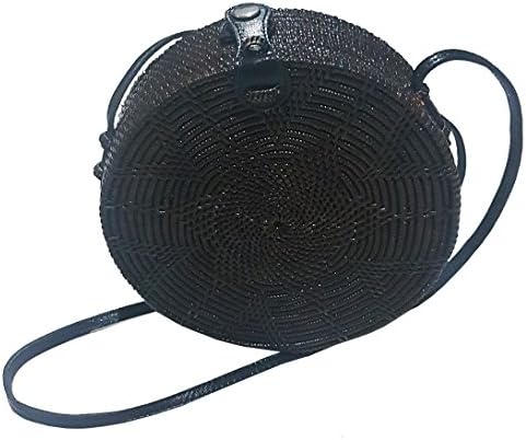Black Round Rattan Bag (Flower Weave Leather Closure), Straw Bag