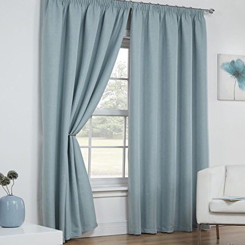 Tony's Textiles Pair Of Textured Woven Plain Thermal Linen Look Solid Window Drapes Curtains With Tape Top 90"Wide x 90"Drop Duck Egg Blue