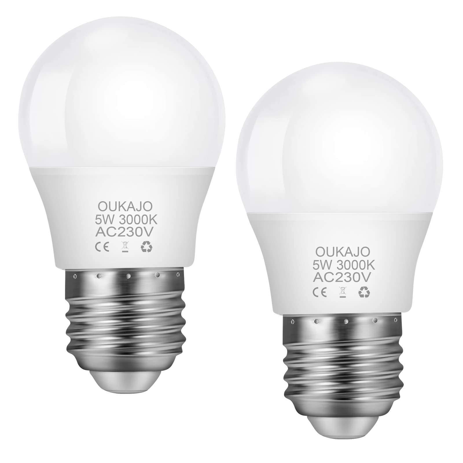 OUKAJO E27 Screw Led Bulb,Light Bulbs 5W,40W Incandescent Bulb Equivalent,3000K Warm White,CRI>80,Non Flicker,Non Dimmable,Pack of 2
