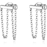 Reffeer Solid 925 Sterling Silver Bar Tassel Chain Drop Earrings for Women Teens Bar Drop Earrings Minimalist Studs