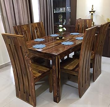 Strata Furniture Sheesham Wood Six Seater Dining Table Set for Home - Honey Teak Brown