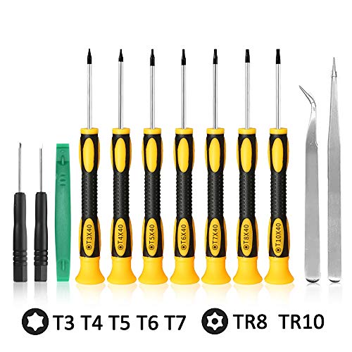 DLseego Torx Screwdriver Sets with T3 T4 T5 T6 T7 T8 T10 Star Screwdrivers, 12 In 1 Stainless Steel Tweezers & Double-headed Crowbar & Suction Cup for Phone/Mac/Computer Repairing