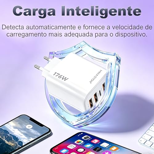 Carregador USB-C Turbo 176W Fonte Tipo C Carregador Celulares de Pared 5 Portas 3USB+2USB-C Universal Compatível com iPhone HUAWEI Samsung Xiaomi Redmi Motorola