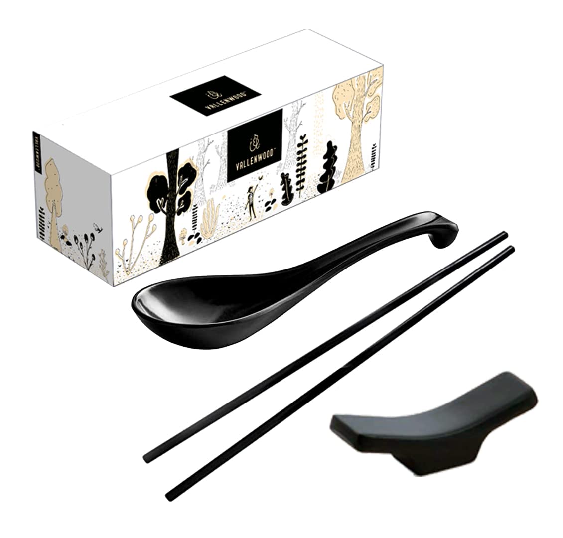 View 1 of 12 Pieces Ramen Set: 4 Black Spoons, 4 Chopsticks And 4 Stand rest. Asian Soup Spoons. Unbreakable Melamine Made. Perfect For Japanese And Chinese Food: Ramen, Wonton, Sushi, Miso, Rice, Pho Soup.