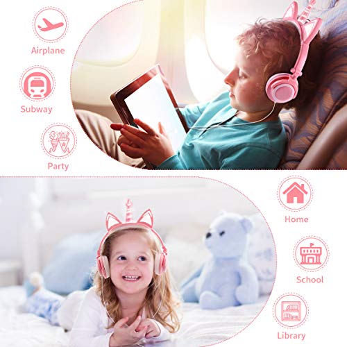 Unicorn Kids Headphones with Microphone, Over-Ear Cat Headphones Wired for Girls Boys Adjustable Foldable 85dB Volume Limited Headset School Travel (Peach)