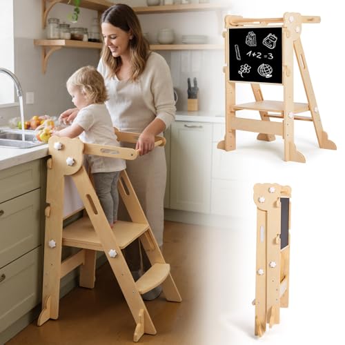 Labebe Learning Tower for Children, 3 in 1 Montessori Foldable Observation Tower, Multifunctional Adjustable Learning Tower with Double-Sided Board from 1 Year (Wood)