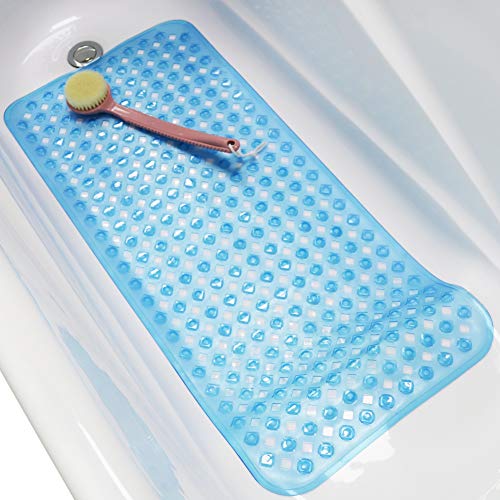 Wimaha Non Slip Bathtub Mats Long (34.5 x 15.5) Shower Bath Mat for Bathroom Tub Stall, Machine Washable, Ideal for Kids Elderly Baby, Clear Blue