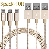Lightning Cable, GEENKER 3Pack 10ft Nylon Braided 8pin Charging Cable Extra Long USB Cord for iphone se, 6s, 6s plus, 6plus, 6,5s 5c 5,iPad Mini, Air,iPad5,iPod on iOS9 - Gold