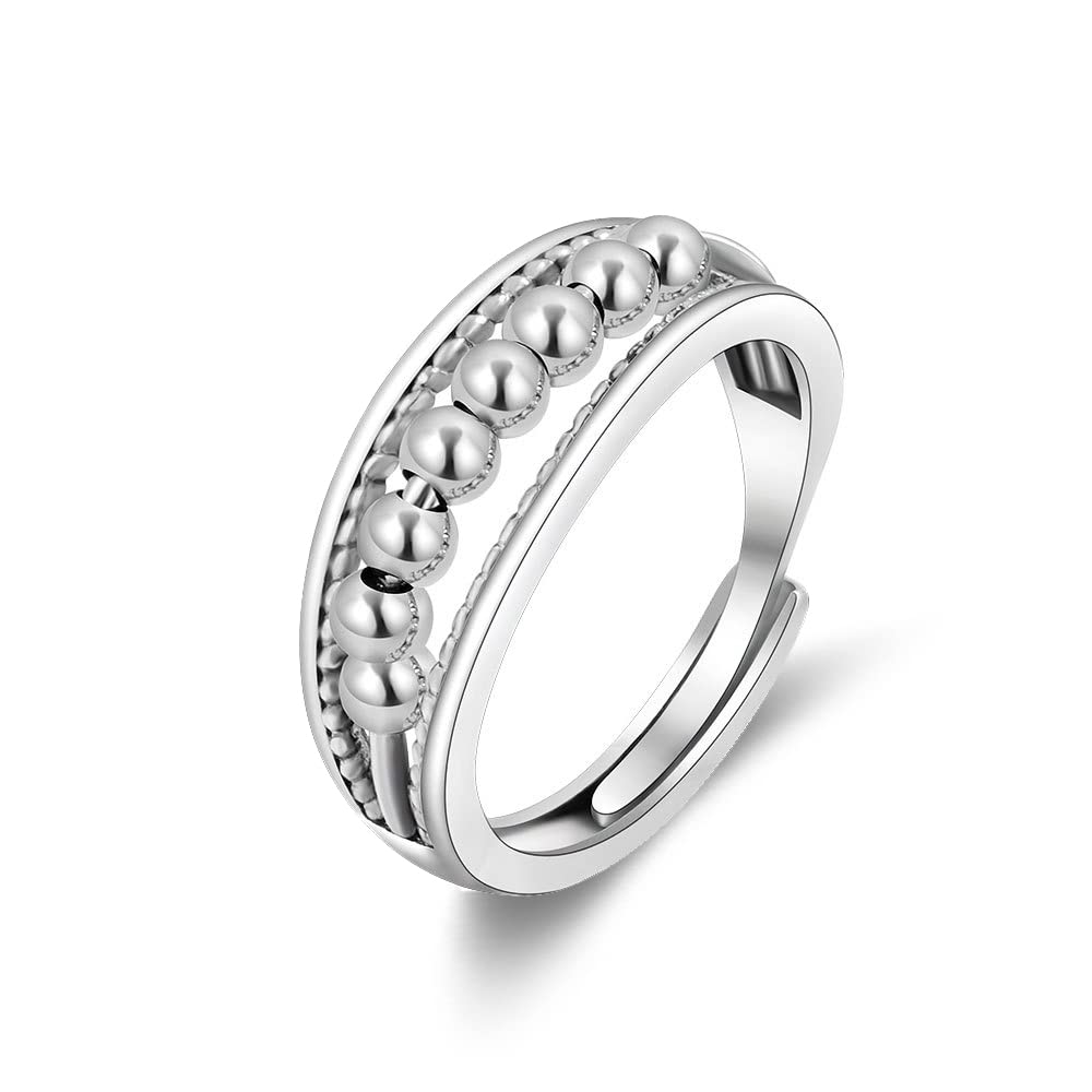 Shuxin Silver Anxiety Ring for Women, 925 Sterling Silver Fidget Ring for Anxiety, Adjustable Beads Stress Relieving Spinner Ring, Women's Thumb Rings for Stress Relief, Silver Fidget Ring