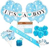 Baby Shower Party Decorations Kit: It's A Boy Blue Theme Welcome Supplies for Babies & Newborns with Confetti, Pennant Banner, It's A Boy Sash, 6 Tissue Balls, 8 Photo Props & 10 Polka Dot Balloons