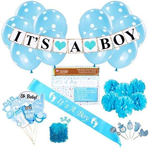Baby Shower Party Decorations Kit: It's A Boy Blue Theme Welcome Supplies for Babies & Newborns with Confetti, Pennant Banner, It's A Boy Sash, 6 Tissue Balls, 8 Photo Props & 10 Polka Dot Balloons