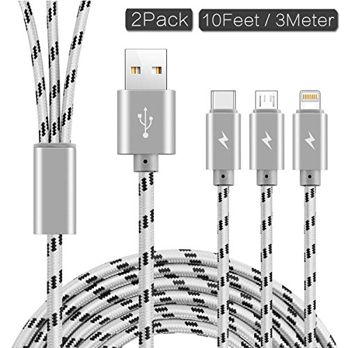 2Pack ASICEN Multiple Fast Charging Cable, Multi Charger Cord Nylon Braided 10ft/3m 3 in 1 USB Charge Cord with Phone/Type C/Micro USB Connector for Phone/Galaxy S9/S8/S7/Hawei and More (Gray-Black)
