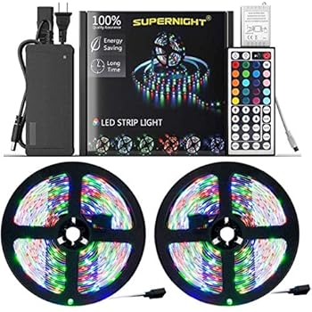 SUPERNIGHT LED Strip Lights,TWO 16.4Ft LED Light Strip Kit Non-Waterproof DC12V 3528 RGB【NO White Color】300leds Flexible Strip Lights with Double PCB 44Key Remote, 5A Adapter (Multi Color)