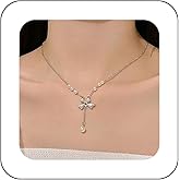 Erimberate Bohemian Crystal Pearl Choker Necklace Silver Cz Bow Pendant Necklace Round Pearl Y Drop Necklace Rhinestone Bow Tie Chain Necklace Jewelry for Women Gifts