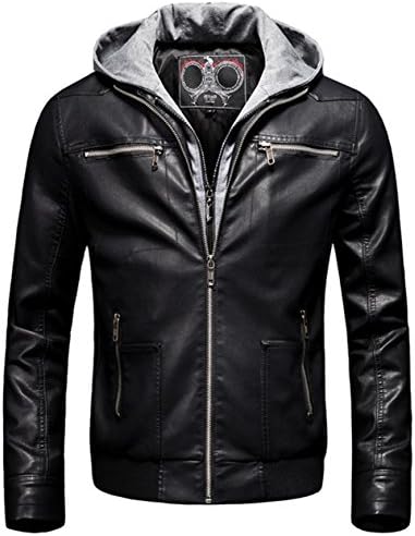 Jinmen Men's Zip up Punk PU Leather Jackets Hooded Motobike Faux Leather Outwear Coats