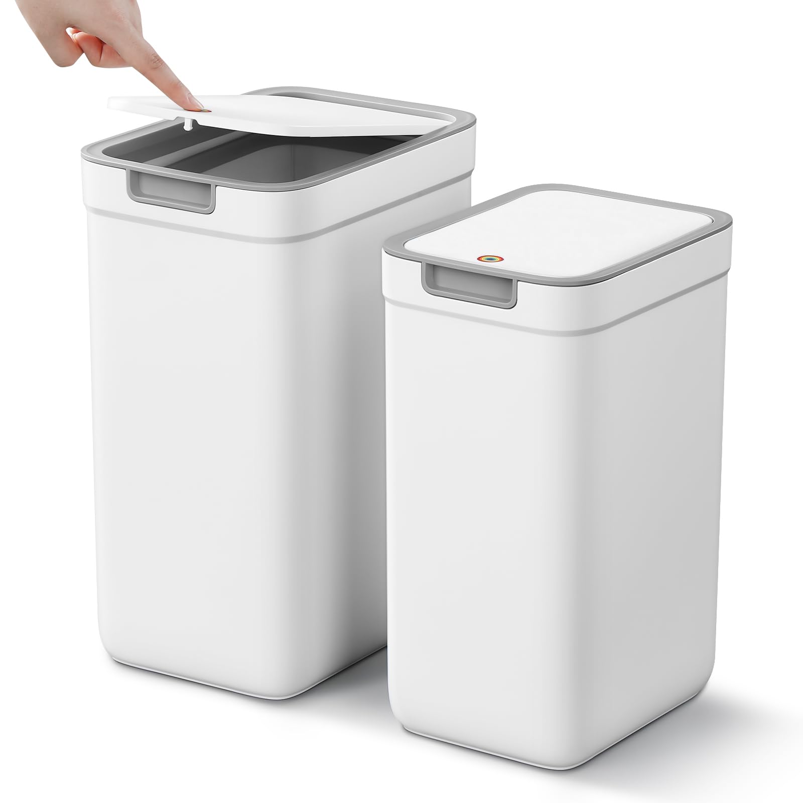 Photo 1 of MOPALL 2 Pack Bathroom Trash Can with Lid, 3.6Gal + 2.4Gal Garbage Can with Pop-Up Lid, Small Trash Can Dog Proof, Slim Trash Bin Waste Basket for Toilet, Office, Bedroom, Living Room, Kitchen (White)