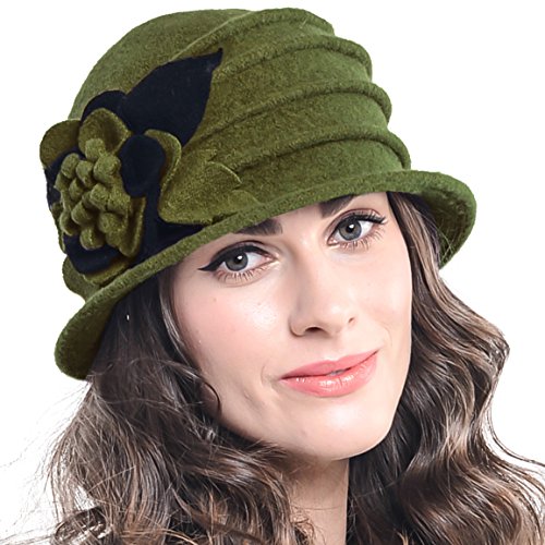 Z&S Retro Women Floral Trimmed Wool Blend Cloche Winter Hat (Lawngreen)