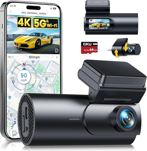 GKU 4K Dashcam Auto Vorne Hinten, 5GHz WiFi GPS, Dash Cam mit 64GB SD Karte