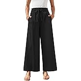 Anyally Women's Linen Summer Palazzo Pants Casual Flowy Wide Leg Drawstring High Waist Beach Trousers with Pockets
