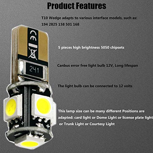 AMAZENAR 10-Pack White 194 T10 168 2825 W5W 175 158 Bulb 5050 5 SMD Canbus Error Free LED Light - 12V Car Interior Lighting for Map Dome Lamp License Plate Side Marker Dashboard Lights - Thumbnail 2